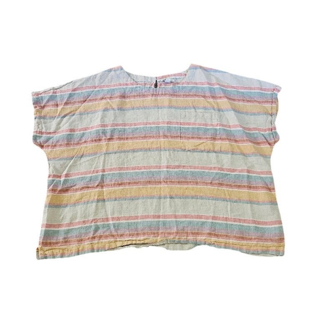 Coldwater Creek 100% Linen Striped Short Sleeve Top Pastel Pink Blue Yellow 3X